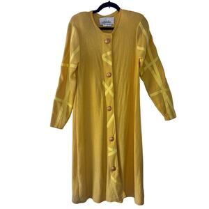 Vintage 1980s Steve Fabrikant Butter Yellow Cardigan Dress Gold Tone Buttons